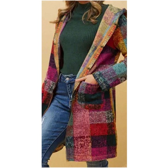Cozy Multicolor Checkered Plaid Pockets Hoodie Jacket Shacket - Picture 2 of 5
